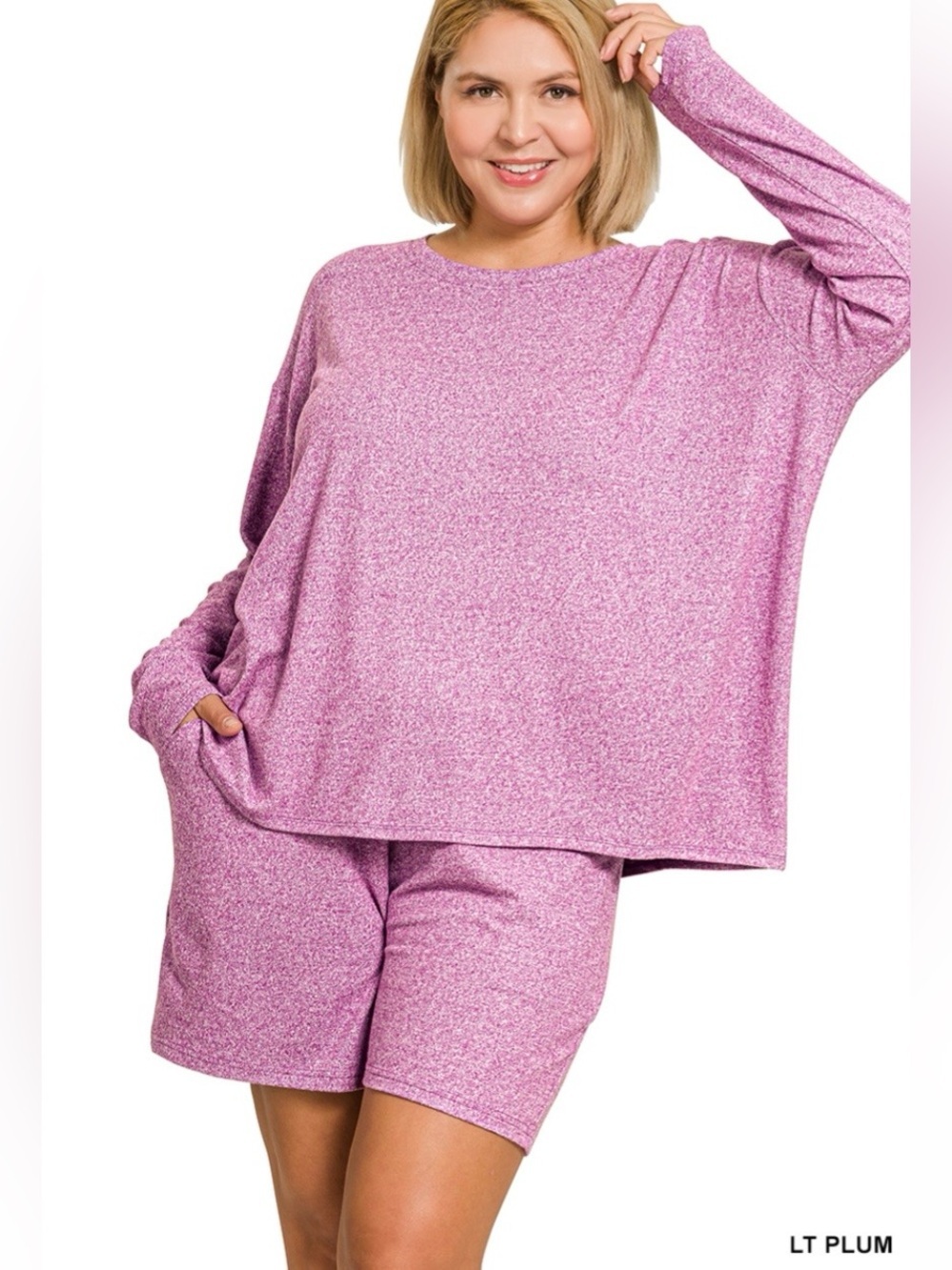 NEW!Plus Size Long-Sleeve Lounge Top & Shorts Set - Light Plum Size 1X